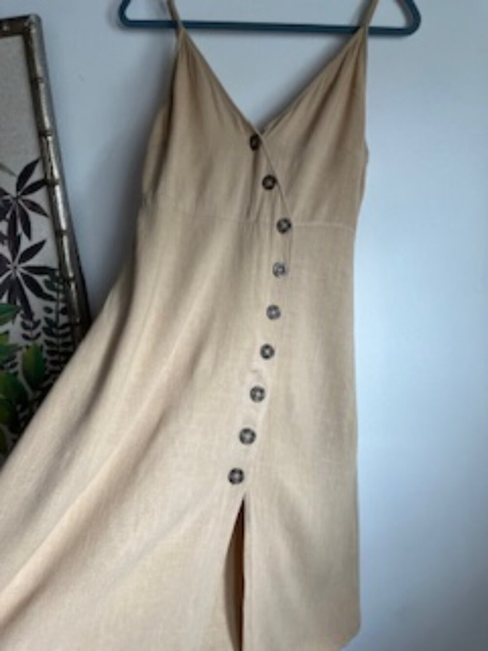 🧡3/15 ijoah Linen Blend Adjustable Straps Front Button Beige Dress Women's L - Picture 2 of 9